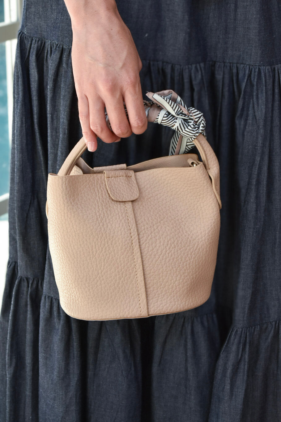 Vegan Leather Mini Bucket Bag Beige