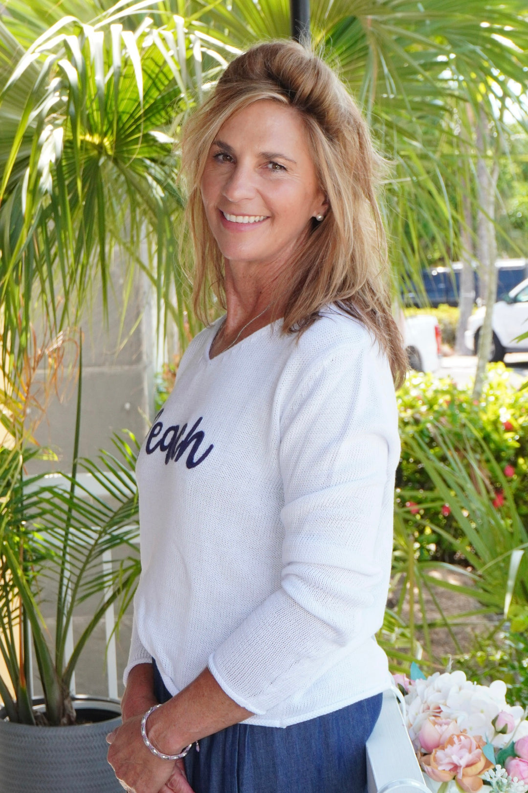 V Neck Beach Sweater White