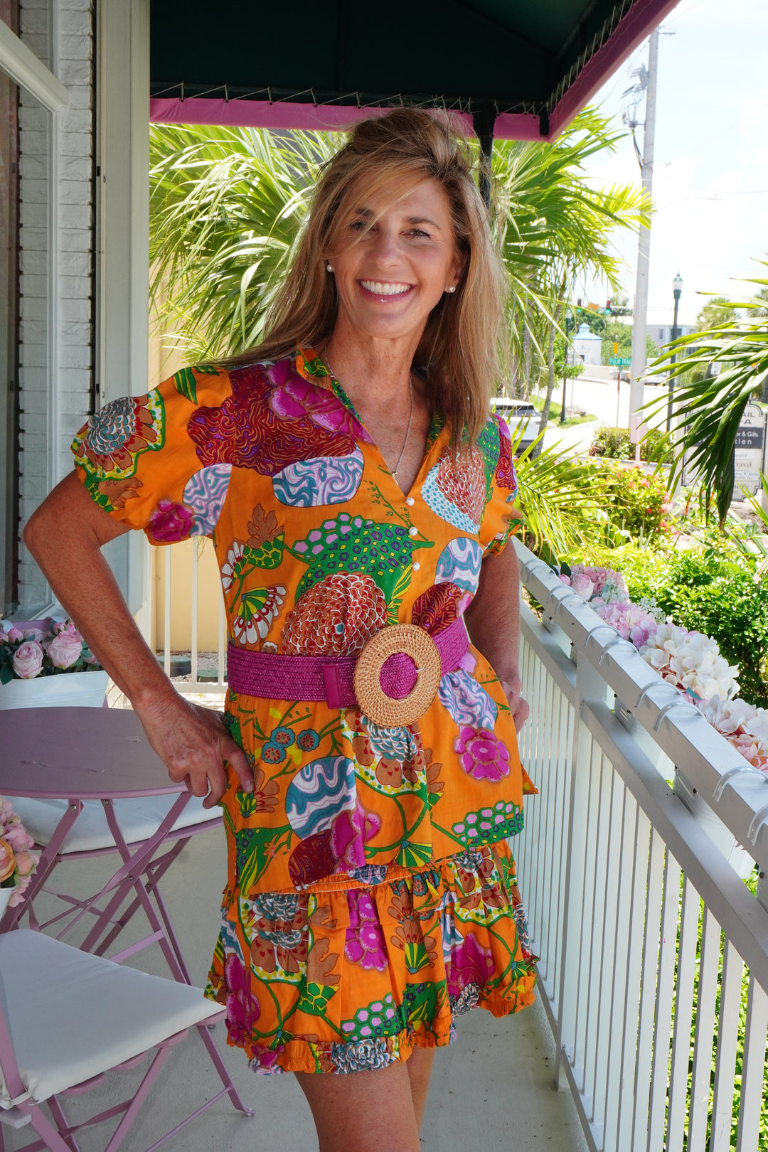 Basket Weave Circle Buckle Straw Belt Magenta