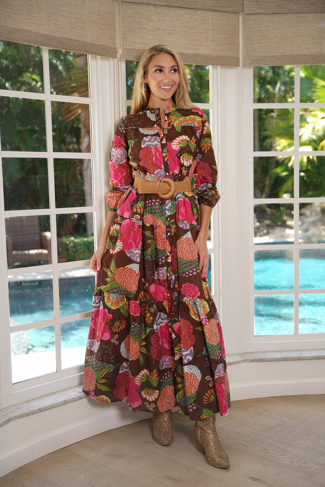 Boho Long Dress Floral Cocoa Brown