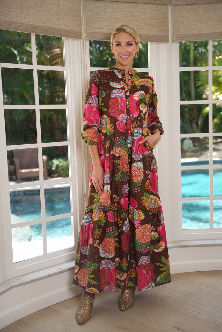 Boho Long Dress Floral Cocoa Brown