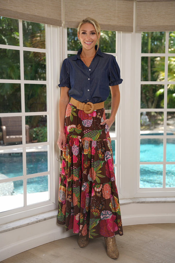 Boho Long Skirt Floral Cocoa Brown