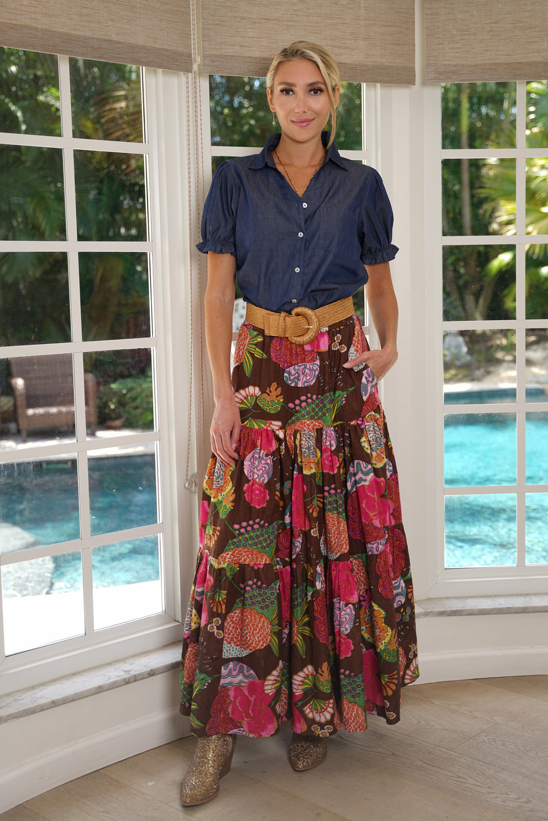 Boho Long Skirt Floral Cocoa Brown
