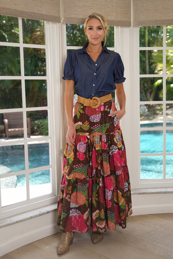 Boho Long Skirt Floral Cocoa Brown