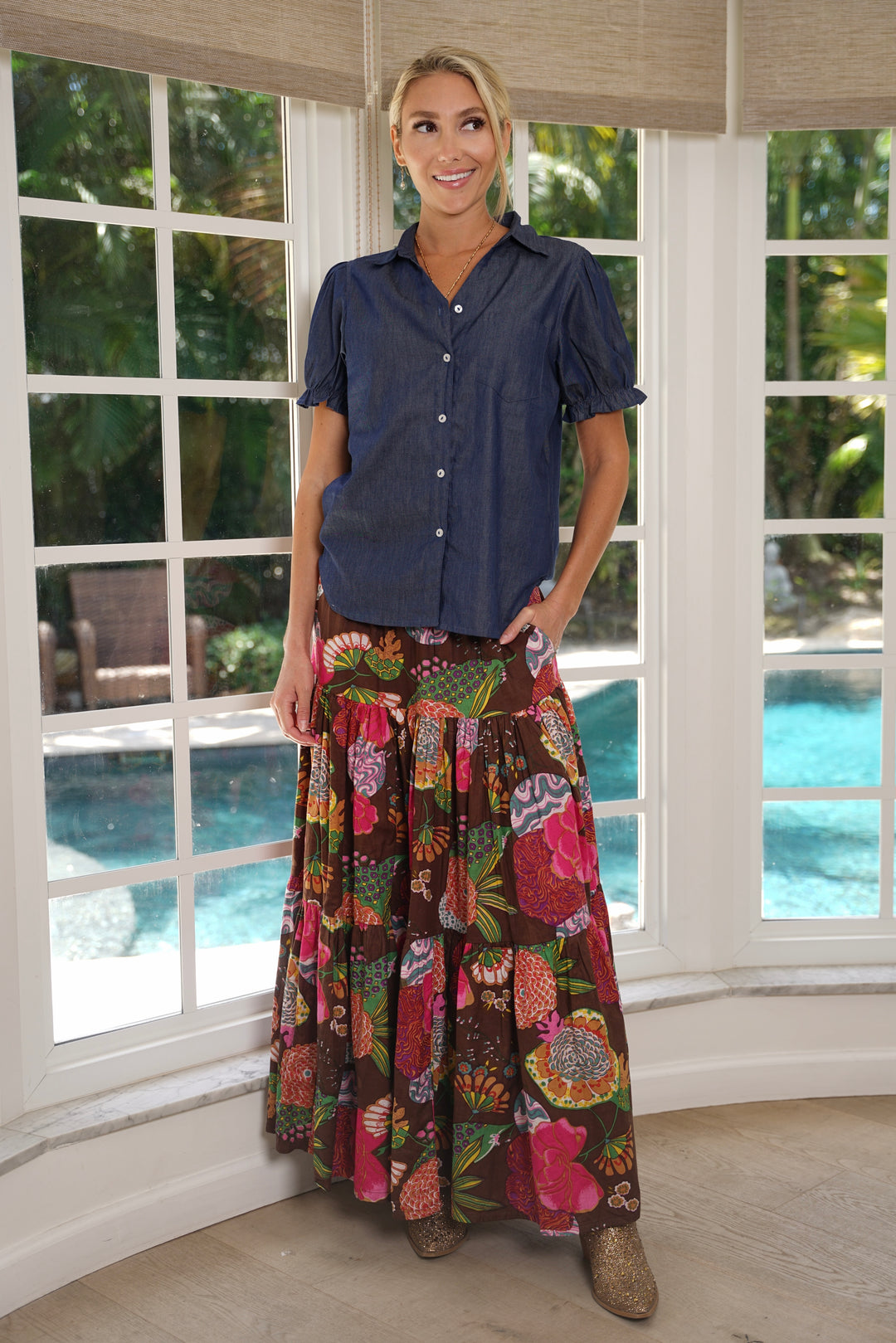 Boho Long Skirt Floral Cocoa Brown
