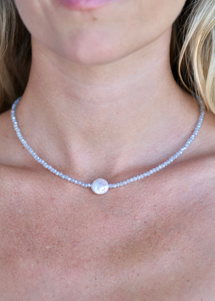 Crystal Choker with Coin Pearl Pale Blue