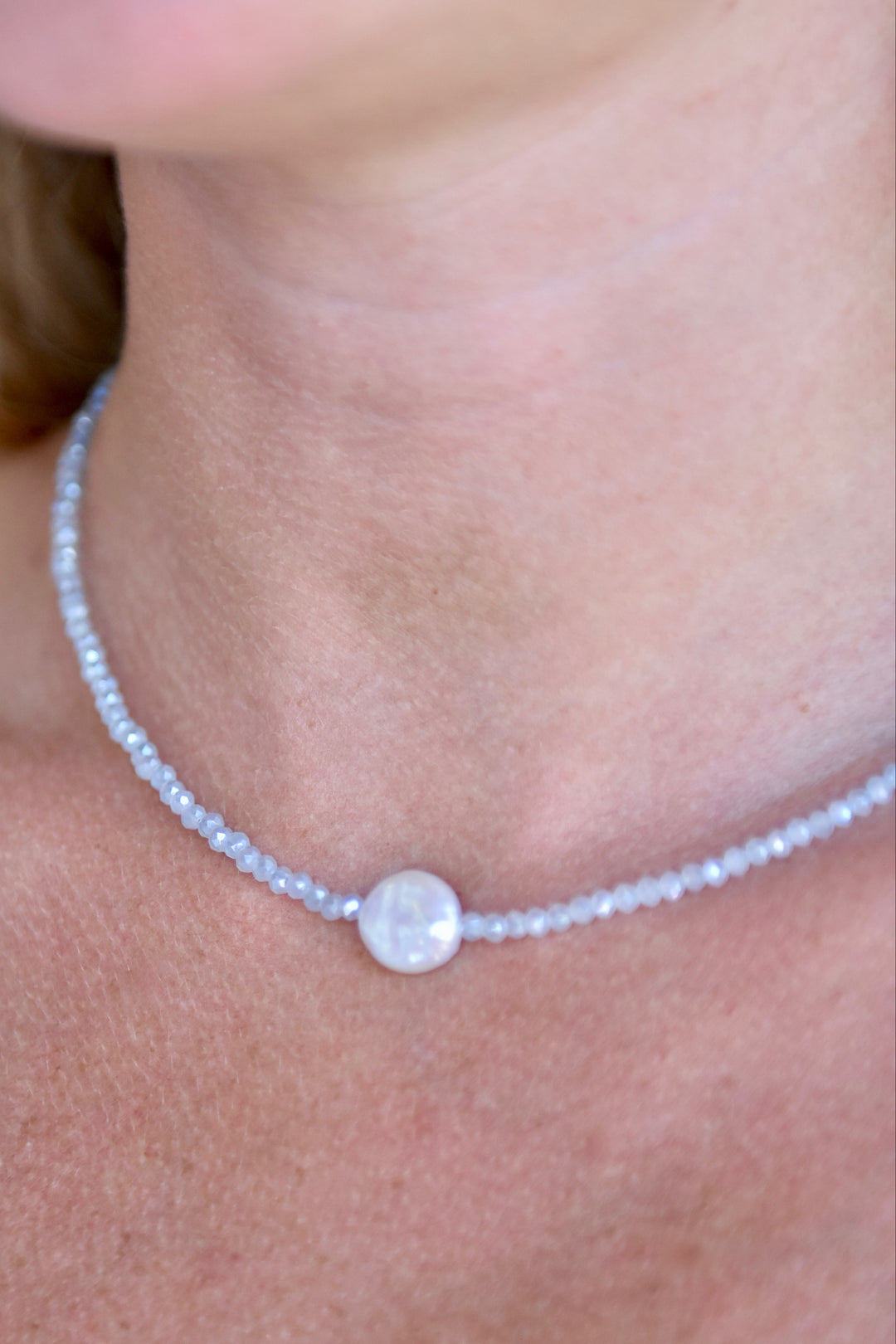 Crystal Choker with Coin Pearl Pale Blue