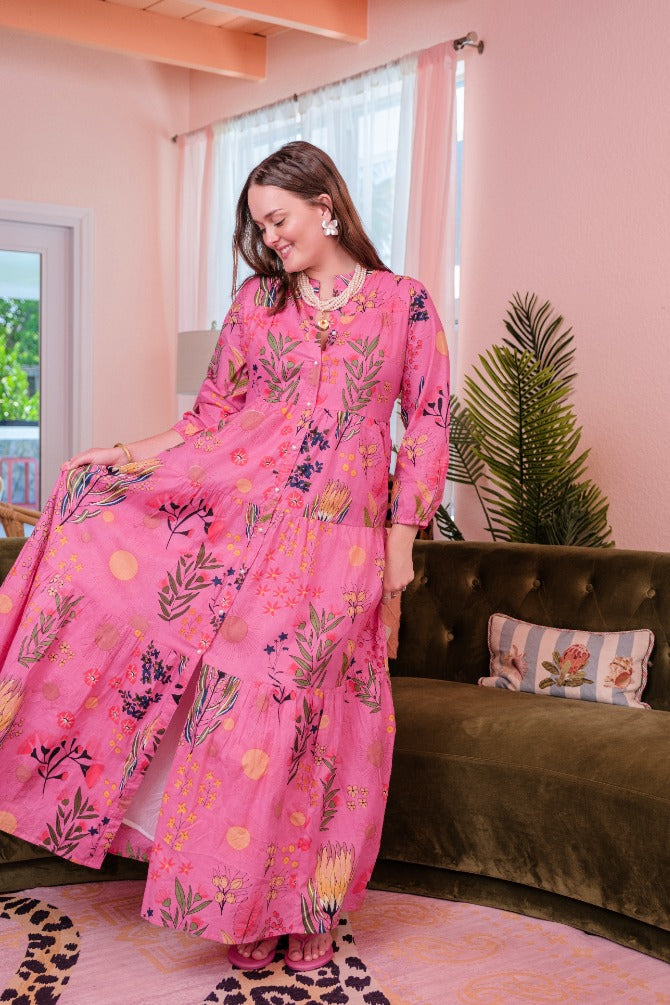 Boho Summer Long Dress Fuchsia Floral