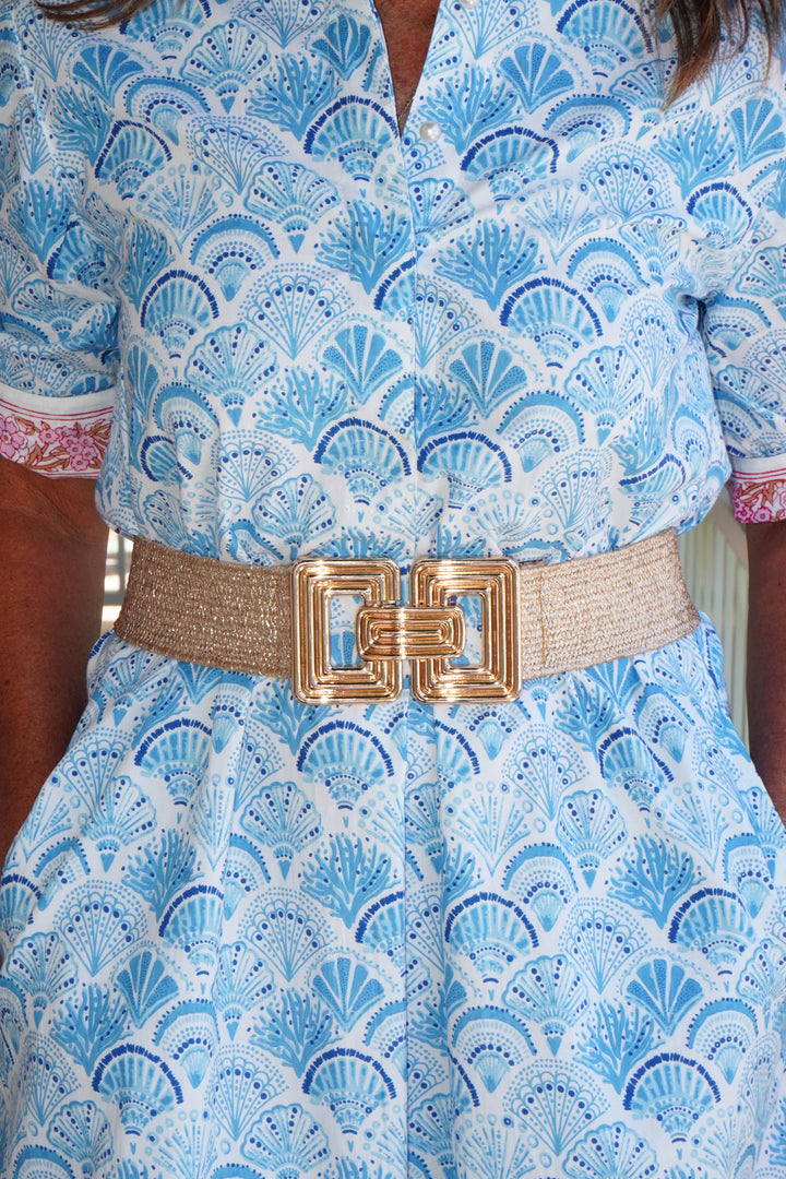 Ribbed Rectangle Buckle Metallic Straw Belt